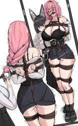 2girls absurdres animal_ear_fluff ball_gag bdsm black_bra black_skirt blunt_bangs bondage bound bra closed_mouth dress_shirt fox_girl furrowed_brow gag glasses hair_between_eyes high-waist_skirt highres hoshimi_miyabi long_hair looking_at_another mirror multiple_girls paid_reward_available pencil_skirt pink_eyes pink_hair red_eyes saliva shirt sidelocks simple_background skirt sparkle standing trembling tsukishiro_yanagi underwear white_shirt yuy zenless_zone_zero