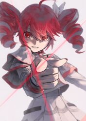 1girl absurdres ahoge belt black_belt border bow grey_background grey_jacket grey_skirt grin hair_between_eyes hair_bow hair_ribbon hashtag-only_commentary highres jacket kasane_teto kasane_teto_(sv) looking_at_viewer midriff_peek musical_staff musical_staff_print pointing pointing_at_viewer red_eyes red_hair red_trim ribbon shimashima_(shimashima_4444) shoulder_belt shoulder_boards simple_background skirt smile solo striped_clothes striped_jacket striped_skirt synthesizer_v upper_body utau white_border white_ribbon