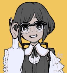Rule 34 | 1girl, adjusting eyewear, backpack, bag, black hair, center frills, collared shirt, commentary request, frilled shirt, frills, fukurai azami, glasses, hand up, long sleeves, looking at viewer, neck ribbon, ok sign, open mouth, reiesu (reis), ribbon, shirt, short hair, simple background, smile, solo, toshi densetsu kaitai center, upper body, white shirt, yellow background