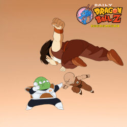 3boys angry bald bald_male black_eyes black_hair chibi colored_skin dragon_ball fighting_stance flying green_skin guldo kuririn multiple_boys nervous nervous_sweating orange_background serious son_gohan sweat time_stop