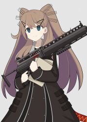 1girl black_dress blue_eyes brown_hair closed_mouth collarbone collared_dress cowboy_shot dezik_(sentinel_girls) dot_nose dress gun hair_between_eyes half_updo highres holding holding_gun holding_weapon hugging_object long_sleeves looking_at_viewer papers sentinel_girls shotgun simple_background sironuigurumi sleeve_cuffs smile solo twintails weapon white_background