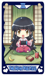 Rule 34 | 1girl, bamboo, bamboo forest, black hair, blunt bangs, bow, brown eyes, can, card (medium), colonel aki, drink can, forest, heart, houraisan kaguya, indian style, long hair, long sleeves, nature, nintendo switch, pink shirt, red skirt, shirt, sitting, sitting on pillow, skirt, soda can, solo, tarot, tarot (medium), the high priestess (tarot), touhou, very long hair, wide sleeves