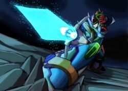 Rule 34 | 1boy, agetatekoron2, android, arm blade, arm cannon, armor, black background, blade armor x (mega man), blue background, dark background, energy blade, fencing, forehead jewel, green eyes, highres, male focus, mega man (series), mega man x (series), solo, standing, weapon, white armor, x (mega man)
