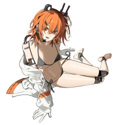 1girl :d a.i._voice absurdres adachi_rei barefoot bikini black_bikini cable flat_chest gloves headlamp headset heart heart_of_string highres hood hooded_jacket jacket joints looking_at_viewer micro_bikini natwjeq one_side_up open_mouth orange_eyes orange_hair radio_antenna robot_joints short_hair side-tie_bikini_bottom simple_background sitting smile solo swimsuit vocaloid white_background white_gloves white_jacket yokozuwari