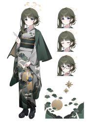 1girl absurdres black_boots blue_archive blue_eyes boots brown_hair dong_ji furisode glasses green_hair green_kimono hair_bun highres japanese_clothes kimono long_hair looking_at_viewer obi print_kimono sash smile tsumugi_(blue_archive) wide_sleeves