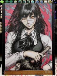 Rule 34 | 1girl, art tools in frame, black hair, chainsaw man, cross scar, evil smile, facial scar, hand on own hip, highres, long hair, mitaka asa, orange eyes, ringed eyes, scar, scar on cheek, scar on face, school uniform, severed head, smile, solo, stanley lau, traditional media, upper body, yoru (chainsaw man)