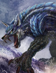 animal_ears bearluxe blue_scales capcom chin_spike clawed_feet claws frost lunagaron monster monster_focus monster_hunter_(series) monster_hunter_rise open_mouth scales sharp_teeth snow spikes spines teeth wolf wolf_ears yellow_eyes