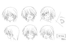 10s 1girl absurdres blush braid reference_sheet female_focus highres long_hair looking_at_viewer looking_to_the_side mirim monochrome multiple_views official_art open_mouth queen&#039;s_blade queen&#039;s_blade_rebellion simple_background single_braid upper_body white_background