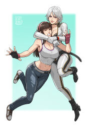 2025 absurdres belt bodysuit breasts brown_eyes brown_hair choke_hold choker christie_(doa) cirenk cleavage clenched_teeth commission dead_or_alive denim female_focus full_body gloves hair_between_eyes hairband half_gloves high_heels highres hitomi_(doa) jeans large_breasts lips long_hair midriff navel neck_grab open_bodysuit open_clothes pants parted_bangs purple_eyes shiny_skin shoes short_hair signature simple_background sneakers strangling sweat tank_top teeth unzipped white_bodysuit white_hair