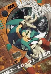 1boy absurdres barcode blue_fur buttons commentary dial furry furry_male gloves green_eyes hashtag-only_commentary highres hog_the_hedge male_focus red_shoes shoes smile solo sonic_(series) sonic_the_hedgehog white_gloves