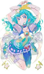 1girl absurdres alien ankle_boots antennae aqua_hair aqua_leotard aqua_shorts arms_up asymmetrical_clothes blue_eyes boots choker cure_milky earrings floating_hair full_body gradient_legwear hagoromo_lala hair_ornament heart heart_hands highres jewelry leotard looking_at_viewer magical_girl medium_hair parted_lips pointy_ears precure puffy_short_sleeves puffy_shorts puffy_sleeves see-through_clothes see-through_skirt see-through_sleeves seika_(yuimarutoka0219) shooting_star_hair_ornament short_shorts short_sleeves shorts simple_background single_leg_pantyhose sketch skirt solo star_(symbol) star_earrings star_hair_ornament star_twinkle_precure white_background wrist_cuffs