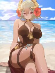 1girl black_one-piece_swimsuit breasts cleavage crossed_legs dark-skinned_female dark_skin fire_emblem fire_emblem_heroes flower gold_horns gradient_hair green_hair hair_flower hair_ornament hibiscus highres horns jewelry laegjarn_(fire_emblem) laegjarn_(summer)_(fire_emblem) large_breasts matchanosuke_fe multicolored_hair nintendo official_alternate_costume one-piece_swimsuit orange_hair red_eyes sarong short_hair solo swimsuit