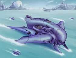 absurdres alien cloud commentary commission english_commentary grunt_(halo) halo_(series) highres moon ocean original sangheili science_fiction sky tacit_axiom vehicle_focus water watercraft