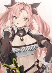 Rule 34 | 1girl, absurdres, amillion (zenless zone zero), bangboo (zenless zone zero), belt, black belt, breasts, cleavage, dodo (yatotoyatoto), earrings, green eyes, hair between eyes, hair ornament, hairclip, highres, jewelry, large breasts, long hair, looking to the side, midriff, mole under breast, navel, nicole demara, open mouth, pink hair, short eyebrows, sidelocks, simple background, smile, solo, upper body, zenless zone zero