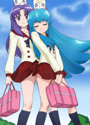 10s 2girls bag blue_hair closed_eyes gurasan_(happinesscharge_precure!) happinesscharge_precure! haruyama_kazunori hikawa_iona kneehighs long_hair multiple_girls precure purple_eyes purple_hair red_skirt ribbon_(happinesscharge_precure!) school_uniform shirayuki_hime skirt smile socks