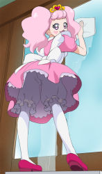 1girl bloomers female_focus go!_princess_precure haruyama_kazunori heart heart-shaped_pupils looking_at_viewer looking_back maid pantyhose personification pink_eyes pink_hair pink_skirt precure puff_(go!_princess_precure) puff_(go!_princess_precure)_(human) skirt solo symbol-shaped_pupils twintails underwear upskirt white_bloomers white_pantyhose