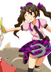3girls ;) bad_id bad_pixiv_id black_legwear blush brown_hair catfish cellphone checkered_clothes checkered_skirt dai-erie fish geta hat himekaidou_hatate houjuu_nue long_hair multiple_girls namazu_(touhou) necktie one_eye_closed phone polearm purple_eyes skirt smile solo_focus sunny_milk tengu-geta thighhighs tokin_hat touhou trident twintails wavy_hair weapon
