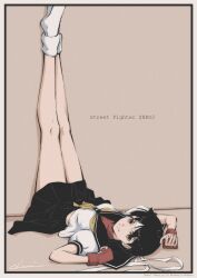 1girl absurdres black_hair black_skirt brown_eyes capcom female_focus headband highres kasugano_sakura school_uniform skirt socks street_fighter tagme tyanoki white_socks