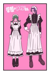 1boy 1girl boots braided_twintails dress full_body green_hair hand_on_own_hip highres jinshi_(kusuriya_no_hitorigoto) kusuriya_no_hitorigoto long_sleeves maid maid_headdress maomao_(kusuriya_no_hitorigoto) pink_background purple_hair sidelocks simple_background takeuchi_ryousuke