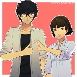 1boy 1girl 3d absurdres amamiya_ren artist_name black_hair brown_hair commentary commission english_commentary glasses heart_hands_failure highres niijima_makoto persona persona_5 personaparadise red_background red_eyes shirt short_hair simple_background smile white_shirt
