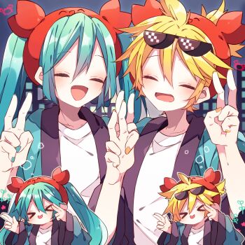 Rule 34 | &gt; &lt;, 1boy, 1girl, :d, black jacket, blonde hair, blue hair, blue nails, blush, closed eyes, closed mouth, commentary request, crab hat, double-parted bangs, double v, eyewear on head, hair between eyes, hands up, hat, hatsune miku, highres, jacket, kagamine len, kaho 0102, long hair, long sleeves, nail polish, open clothes, open jacket, open mouth, red hat, shirt, short hair, smile, sunglasses, tongue, tongue out, twintails, upper body, v, vocaloid, white shirt, wide sleeves, yellow nails