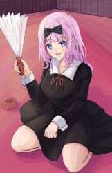 1girl black_bow blue_eyes bow breasts dress essukaa_(e-su) fujiwara_chika hand_fan isometric kaguya-sama_wa_kokurasetai_~tensai-tachi_no_renai_zunousen~ large_breasts long_sleeves looking_at_viewer school_uniform sitting