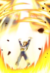 1boy blonde_hair dragon_ball green_eyes ki_blast muscular muscular_male official_art saiyan_armor serious solo spiked_hair super_saiyan trunks_(dragon_ball) trunks_(future)_(dragon_ball)