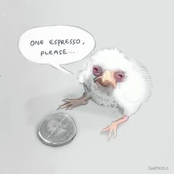animal animal_focus artist_name baby_animal bird chick coin commentary english_commentary english_text full_body grey_background highres looking_at_viewer no_humans original photo-referenced sabtastic simple_background solo speech_bubble
