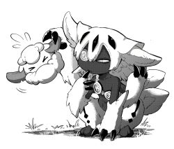 &gt;_&lt; 1girl artist_request black_skin claws colored_skin cottonee creatures_(company) crossover dark_skin extra_arms faputa flat_chest game_freak gen_5_pokemon made_in_abyss monochrome monster_girl nintendo pokemon pokemon_(creature) squatting very_dark_skin