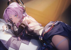 1girl armlet bare_shoulders black_leotard blue_eyes blue_skirt blush bracelet braid braided_sidelock breasts citlali_(genshin_impact) detached_sleeves facial_mark feather_hair_ornament feathers genshin_impact genyaky gradient_hair hair_ornament jewelry leotard long_hair looking_at_viewer lying medium_breasts multicolored_hair parted_bangs pillow pink_hair ring_hair_ornament sash skirt solo thighs vision_(genshin_impact)