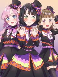 3: 3girls alternate_costume anyoji_hime black_hair black_hat black_shirt black_shorts black_skirt black_thighhighs blue_eyes blunt_bangs breasts brown_hair center-flap_bangs claw_pose closed_mouth commentary_request cowboy_shot fishnet_thighhighs fishnets flipped_hair frown gradient_background green_eyes hair_intakes hat highres kachimachi_kosuzu kyaku_tasu link!_like!_love_live! long_hair looking_at_viewer love_live! low_twintails medium_breasts medium_skirt mini_hat mini_top_hat momose_ginko multiple_girls open_mouth orange_background pink_eyes pink_hair purple_background shirt short_hair shorts side_ahoge sidelocks skirt split_mouth straight_hair swept_bangs thighhighs tilted_headwear top_hat trick_&amp;_cute_(love_live!) twintails virtual_youtuber
