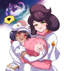 !? 2girls aether_foundation_employee aether_foundation_employee_(female) aether_foundation_uniform alternate_breast_size bad_id bad_pixiv_id big_hair black_hair blush breasts cabbie_hat cleanerjay commentary creatures_(company) dark-skinned_female dark_skin elbow_gloves galaxy game_freak gen_7_pokemon gloves grabbing_another&#039;s_breast green_eyes groping hat headpat heart heart-shaped_pupils highres hug huge_breasts lactation multiple_girls nintendo nipples open_mouth parted_lips pink_eyes poipole pokemon pokemon_(creature) pokemon_sm ribbed_sweater short_hair simple_background skindentation smile smug space sparkling_eyes spoken_heart spoken_interrobang star_(sky) sweater symbol-shaped_pupils teeth tongue tongue_out turtleneck turtleneck_sweater ultra_beast upper_body upper_teeth_only white_background white_gloves wicke_(pokemon) yuri