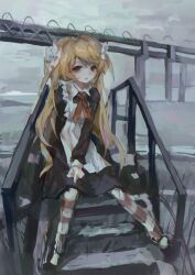 1girl 3n_(artist) apron black_dress blonde_hair bow dress flesh_blood_&amp;_concrete full_body highres juliet_sleeves long_hair long_sleeves looking_at_viewer neckerchief nika_(flesh_blood_&amp;_concrete) outdoors overcast pantyhose parted_lips puffy_sleeves red_neckerchief sitting sitting_on_stairs sky solo stairs striped_clothes striped_pantyhose twintails white_apron white_bow
