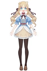 1girl :d absurdres animal_ears aqua_eyes bare_shoulders belt belt_collar black_pantyhose black_ribbon blonde_hair blush brown_shoes chamako_(haconect) collar dog_ears dog_girl dog_tail dress fang frilled_dress frills full_body haconect hair_ribbon highres long_hair looking_at_viewer neck_ribbon official_art open_mouth pantyhose puffy_short_sleeves puffy_sleeves red_belt ribbon shoes short_sleeves simple_background smile solo standing tachi-e tail tongue transparent_background twintails usamata virtual_youtuber