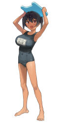 1girl :d armpits arms_up barefoot black_one-piece_swimsuit blush breasts collarbone commentary_request covered_navel fang full_body gaki_kyonyuu highres kaedeko_(kaedelic) large_breasts looking_at_viewer one-piece_swimsuit open_mouth oppai_loli sasaki_kanna school_swimsuit simple_background smile solo spread_toes standing swimsuit toes twintails white_background