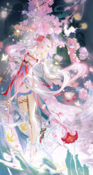 1girl absurdres bare_legs bubble bug butterfly cherry_blossoms chinese_clothes chinese_commentary choker circlet closed_eyes closed_mouth colored_eyelashes commentary_request deer dress fei_you_dudu flower full_body gold_circlet gold_thighlet hair_flower hair_ornament hair_ribbon hanfu highres insect jinhsi_(peach_blossom)_(wuthering_waves) jinhsi_(wuthering_waves) leaning_to_the_side light_particles long_hair long_sleeves lotus night official_alternate_costume outdoors petals pink_flower pink_hair pink_hanfu purple_ribbon red_flower ribbon shoes solo sparkle standing twintails very_long_hair water watermark weibo_watermark white_shoes white_sleeves wuthering_waves