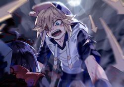 2boys ahoge angry aotu_world arrow_(symbol) baseball_cap black_hair black_shorts black_smoke blonde_hair blood blood_on_face blood_on_hands blue_eyes blurry chinese_commentary cloud cloudy_sky drawstring fang from_above full_moon gloves hat highres hood hood_down hoodie injury king_(aotu_world) looking_at_another male_focus moon motion_blur multiple_boys night night_sky open_mouth phantom.s pointy_ears red_vest shengshengbuxi61 short_hair shorts shouting sky smoke solo_focus teeth torn_clothes vest white_hat white_hoodie