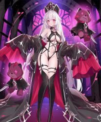 Rule 34 | 1girl, :o, artist request, bare shoulders, black cloak, black collar, black garter belt, black garter straps, black gloves, black hat, black robe, black thighhighs, blush, breasts, check artist, cloak, clothing cutout, collar, elbow gloves, evertale, floating, floating object, full body, garter belt, garter straps, gloves, groin, hair between eyes, hat, high heels, indoors, knife, linea alba, long hair, looking at viewer, medium breasts, navel, open clothes, open mouth, open robe, oversized clothes, parted lips, pink collar, pink eyes, popqn, purple sky, red eyes, red rope, red shoes, revealing clothes, robe, robe slip, rolotia (evertale), rope, shoes, single vertical stripe, skindentation, sky, sleeves past fingers, sleeves past wrists, slit pupils, solo, standing, striped clothes, striped thighhighs, stuffed animal, stuffed toy, teddy bear, thigh gap, thighhighs, torn cloak, torn clothes, two-tone robe, underboob, underboob cutout, underbust, vertical-striped clothes, vertical-striped thighhighs, very long hair, very long sleeves, white hair