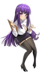 Rule 34 | 1girl, :t, absurdres, black bra, black shoes, black skirt, black thighhighs, blunt ends, blush, bra, breasts, closed mouth, collared shirt, commentary, dot nose, dress shirt, english commentary, fern (sousou no frieren), flashing, folder, from above, high heels, highres, holding, holding folder, invisible chair, kiritzugu, large breasts, long hair, long sleeves, looking at viewer, nail polish, office lady, pencil skirt, pout, pumps, purple eyes, purple hair, purple nails, shirt, shoes, simple background, sitting, skirt, solo, sousou no frieren, thighhighs, underwear, very long fingernails, very long hair, white background, white shirt
