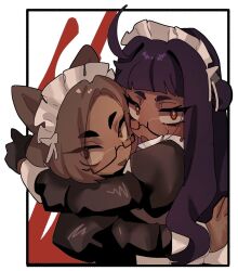 2girls ahoge andrea_(ny_000a) animal_ears black_dress black_gloves blood brown_eyes brown_hair cat_ears dress glasses gloves highres hug juliet_sleeves katriel_(project_moon) library_of_ruina long_hair long_sleeves looking_at_viewer maid maid_headdress multiple_girls ny_000a oc_x_canon open_mouth original pince-nez project_moon puffy_sleeves purple_hair smile upper_body white_background yuri