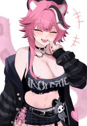 +++ 1girl 4kebidayo animal_ear_piercing animal_ears badge belt black_belt black_choker black_hat black_jacket black_nails black_pantyhose black_shirt black_skirt blush breasts button_badge chain chattino_(raora_panthera) choker cleavage closed_eyes clothes_writing commentary fanged_bangs fangs fingernails fish_skeleton_hair_ornament fishnet_pantyhose fishnets hair_intakes hair_ornament hairclip hat heart_collar highres hololive hololive_english jacket large_breasts long_sleeves medium_hair multicolored_hair nail_polish navel open_clothes open_jacket open_mouth panther_ears panther_girl panther_tail pantyhose pink_hair plaid_clothes plaid_skirt raora_panthera shirt side_slit simple_background skirt sleeves_past_wrists smile solo spiked_choker spikes stomach streaked_hair striped_clothes striped_jacket tail teeth thighs torn_clothes torn_shirt virtual_youtuber white_background white_belt