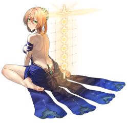 Rule 34 | 1girl, absurdres, back, bare shoulders, barefoot, blue dress, blush, breasts, brown hair, closed mouth, commentary request, dress, feet, flower, full body, girls&#039; frontline, girls&#039; frontline 2: exilium, green eyes, hair flower, hair ornament, highres, long hair, looking at viewer, looking back, official alternate costume, simple background, sitting, smile, soles, solo, springfield (girls&#039; frontline), springfield (girls&#039; frontline 2), springfield (queen in radiance) (girls&#039; frontline), toes, walking nakta, wariza, white background