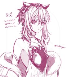 1girl animal_ears aya_(sideaya) bare_shoulders character_request closed_mouth code_vein_ii commentary expressionless hair_between_eyes heart hole_in_chest hole_on_body hollow_body jacket jacket_partially_removed looking_at_viewer medium_hair monochrome pink_theme sidelocks simple_background sketch solo symbol-only_commentary translation_request twitter_username upper_body white_background