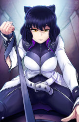 1girl animal_ears assertive_female belly belt black_hair blake_belladonna breasts cameltoe cat_ears femdom girl_on_top highres hmage imminent_rape large_breasts leash looking_at_viewer medium_hair navel pov rwby short_hair straddling viewer_on_leash wavy_hair white_belt yellow_eyes you_gonna_get_raped zipper zipper_pull_tab