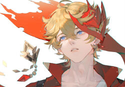 1boy ahoge blonde_hair blue_eyes character_request chinese_commentary collarbone collared_jacket commentary_request copyright_request covered_collarbone crossed_bangs earrings expressionless eyelashes floating_earring guaisanmu hair_between_eyes highres jacket jewelry lapels light_particles lips looking_ahead loose_hair_strand male_focus mask mask_on_head notched_lapels open_clothes open_jacket parted_lips pink_lips red_jacket red_mask shirt short_hair single_earring solo teeth thick_eyebrows upper_body white_background white_shirt