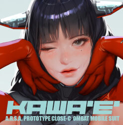 1girl animal_ears black_hair blunt_bangs blush character_name close-up collar crazyred fake_animal_ears gloves grey_eyes hands_on_own_face kawa&#039;e_(crazyred) long_hair looking_at_viewer mechanical_ears metal_collar mole mole_under_eye one_eye_closed original parted_lips portrait red_gloves red_lips science_fiction simple_background smile solo
