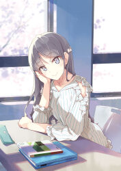 1girl blush brown_eyes brown_hair chair cherry_blossoms classroom closed_mouth desk dress hair_ornament hairclip hand_on_own_cheek hand_on_own_face highres indoors looking_at_viewer notebook official_art pencil_case promotional_art sakurajima_mai seishun_buta_yarou sitting smile solo textless_version window