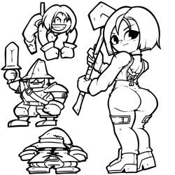 1girl 3boys adelbert_steiner ass bodysuit choker final_fantasy final_fantasy_ix garnet_til_alexandros_xvii holding holding_staff lineart long_sleeves looking_back monochrome multiple_boys name_omoitukan2 short_hair simple_background staff thick_lineart vivi_ornitier white_background zidane_tribal