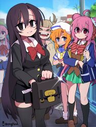 5girls absurdres artist_name ashley_graves bag black_eyes black_hair black_thighhighs blue_eyes boku_no_hero_academia bongfill breasts brown_eyes brown_hair brown_vest commentary cowboy_shot gasai_yuno group_picture happy_sugar_life highres higurashi_no_naku_koro_ni holding holding_bag holding_knife katsura_kotonoha knife large_breasts long_hair matsuzaka_satou mirai_nikki multiple_girls open_mouth orange_hair pink_hair ryuuguu_rena school_days shirt short_hair sweater symbol-only_commentary the_coffin_of_andy_and_leyley thighhighs toga_himiko trait_connection vest white_shirt yandere