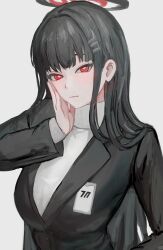 1girl black_hair black_suit blue_archive blush breasts bright_pupils formal_clothes hair_ornament hairclip halo hand_on_own_cheek hand_on_own_face highres long_hair long_sleeves looking_at_viewer nonono_0147 red_eyes red_halo rio_(blue_archive) shirt simple_background solo suit upper_body white_background white_pupils white_shirt white_sleeves